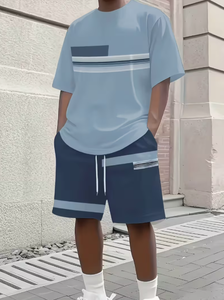 Men Summer <b>T</b> <b>Shirt</b> and Shorts Set Light Blue Striped Crew Neck Knitted Casual Breathable Two Piece Outfit - Product Image 2
