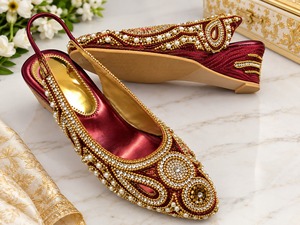 Burgundy Pearl Beaded Pointed Toe Solid Heeled Sandals Women Wedge <b>Slip</b> on Dress <b>Shoes</b> Festival Wedding Stage Wear - Product Image 1