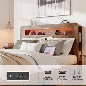 Letto matrimoniale in legno con piattaforma, testiera illuminata a LED e contenitore, 2 USB, silenzioso, non richiede rete a molle - Product Image 4
