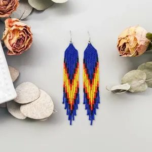 Pendientes de cuentas azules tribales de CALIDAD ESPECIAL, pendientes de flecos de cuentas de estilo nativo, joyería larga hecha a mano para FIESTAS - Product Image 6