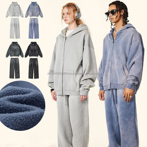 332GSM poids lourd hommes singe lavage survêtements Streetwear polaire coton Polyester mélange fermeture éclair sweats à capuche et pantalons de survêtement décontracté - Product Image 1