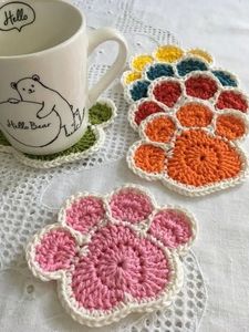 Fun Animal Paw Crochet Coasters Quintet Multi Color Handcrafted Cotton Yarn Heat-Resistant Drink Mat Rustic Boho Pet Table Decor - Product Image 2