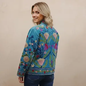 Chaqueta Bordada Suzani de Algodón para Mujer, Azul Floral, Estilo Bohemio, Étnico, Hecha a Mano, Vintage, Informal - Product Image 2