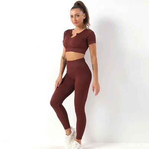 Women 2 Piece Seamless Yoga Set High Waist Full Length <b>Leggings</b> <b>Crop</b> Top Solid Stretch Fitness Workout Matching Outfit wholesale - Product Image 3