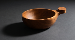 Walnut Finished <b>Mango</b> <b>Wood</b> Serving <b>Bowl</b> Round Salad <b>Bowl</b> with Integrated Wooden Handle and Top Knob Grip - Product Image 5