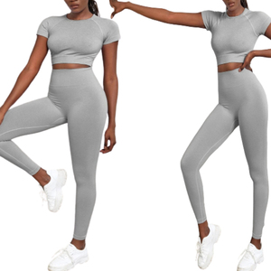 Premium Selling Short Sleeve Crop Top T Shirts & <b>Leggings</b> Sweat-Wicking Breathable Fitness Four-Way Stretch Activewear Set - Product Image 5