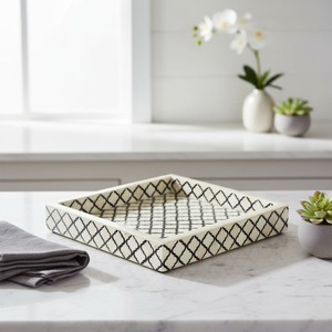 Luxury Bone Inlay Serving Tray | Elegant Black White Geometric Decorative Tray | Handmade <b>Coffee</b> <b>Table</b> Organizer with Handles - Product Image 2