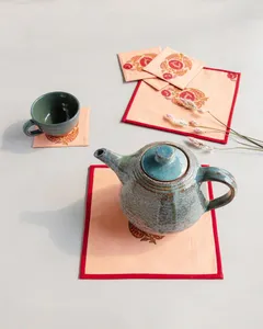 Stylish Handmade Red And White Hand Block Printed Cotton Cloth Tea Or Coffee Coasters 10x10 Cm In Set Of 6 For Dining <b>Table</b> - Product Image 5