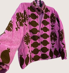 Manteau en velours rose à col mandarin avec imprimé floral, manches longues, vêtement d'extérieur décontracté pour adultes, tenue d'automne - Product Image 3