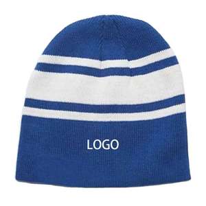 Wholesale Grey Ribbed Knit Cuff Beanie Two Stripe Outdoor Gym Workout Warm <b>Hat</b> - Product Image 4
