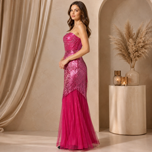 Women’s Pink <b>Sequin</b> Strapless Maxi Dress with Fringe Detail Elegant Sparkly Evening Gown Party Prom Wedding Guest Formal Special - Product Image 4
