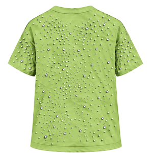 T-shirt unisexe vert clair orné de perles, manches courtes, col rond, perles décoratives, pour un style streetwear et décontracté. - Product Image 2