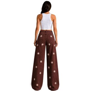 Vaqueros anchos de mezclilla marrón chocolate para mujer con bordado floral, cintura alta, holgados, estilo casual urbano, OEM personalizado - Product Image 2