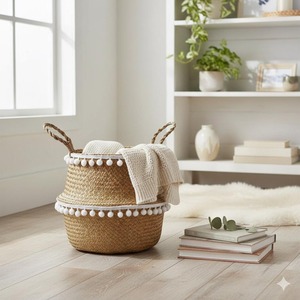 Cesta Decorativa de Mimbre con Detalles Superiores de Macramé Blanco, Perfecta para Almacenamiento en el Armario de Lavandería, Juguetes y Organización de Habitaciones - Product Image 4