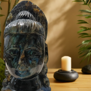 Escultura de piedras preciosas de labradorita hecha a mano, cabeza de Buda moderna tallada, arte religioso de tendencia y estatua coleccionable de la India - Product Image 6