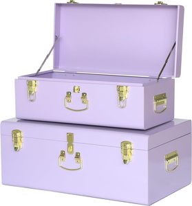 Lilac Purple Decorative Metal Trunk Set Vintage Style <b>Keepsake</b> Storage <b>Boxes</b> with Polished Gold Latches for Bedroom and Nursery - Product Image 1