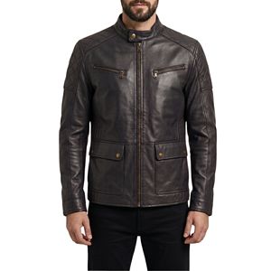 Chaqueta de Cuero Marrón Minimalista para Hombre al por Mayor, Estilo Biker con Cremallera Lateral Asimétrica, Cuello Liso, Corte Impecable, Chaquetas de Moda Urbana - Product Image 3