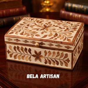 Boîte de rangement pour bijoux en bois moderne de luxe faite à la main avec incrustations florales, décoration de salon, boîte cadeau - Product Image 2