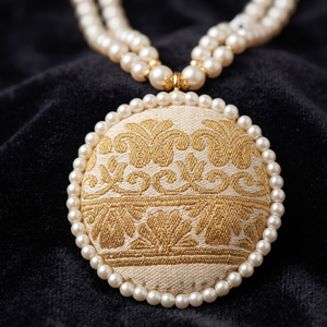 Muga Silk Pearl Necklace <b>Set</b> with Traditional Floral Pendant and Matching Gold Tone Leaf Earrings | Handcrafted <b>Indian</b> <b>Jewellery</b> - Product Image 3