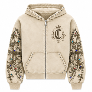 Sudadera con Capucha Personalizada de Algodón 100% Lavado Estilo Vintage, Sudadera con Cremallera y Bordado Digital de Moda, Detalle de Pedrería, Ropa Urbana Ecológica - Product Image 1