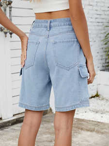 High Rise Light Blue Denim Cargo Shorts With Multiple Pockets Casual Style Breathable Woven Fabric Button Fly Design - Product Image 5