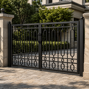 Portail de sécurité en fer forgé noir à double battant avec anneau ovale pour entrée de villa - Product Image 4