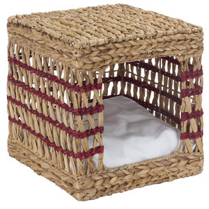 Mesa auxiliar de jacinto de agua con rayas rojas, cama cueva para gatos tejida, caseta cuadrada de paja para perros, mesita de noche, condominio para gatos, muebles para mascotas - Product Image 1