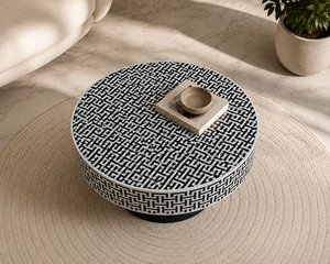 Table basse ronde de luxe moderne en bois avec incrustations en os, design géométrique fait main, meubles de salon, taille personnalisée - Product Image 4