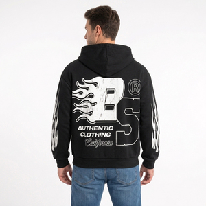 Sweat à capuche zippé noir pour homme, personnalisé avec nom de marque, imprimé flamme, coupe classique, streetwear, en molleton de coton, pour l'automne - Product Image 6