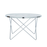 Petite table basse ronde en marbre blanc naturel avec des veines grises et une base en acier géométrique en croix