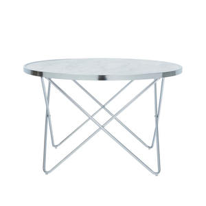 <b>Small</b> <b>Round</b> White Natural Marble with Grey Grains Coffee <b>Table</b> with Geometric Criss Cross Steel Base - Product Image 2