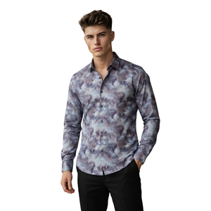 Camisa de Manga Larga para Hombre, Estampado Abstracto Gris Púrpura, Corte Entallado, Estilo Casual y Elegante para Fiestas y Eventos - Product Image 1