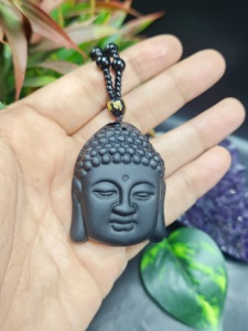 Pendentif visage du Bouddha en obsidienne noire avec perle d'obsidienne Mala – Un symbole de paix, de protection et de prospérité - Product Image 1