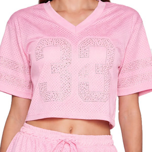 Maillot de football américain tendance pour femme, rose, en maille ornée de strass, ensemble deux pièces personnalisé, tenue de sport rose, ensemble maillot à marque privée - Product Image 5