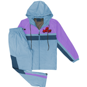 Ensemble de survêtement unisexe léger en polyester/nylon, à capuche, imprimé délavé, color block violet et bleu, manches longues, avec cordon de serrage - Product Image 1
