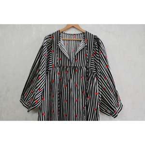 Vestido Maxi de Algodón para Mujer, Estampado en Bloques, Cuello en V, Mangas Abullonadas, Hecho a Mano, Formal, para Verano, Ligero, Transpirable, Tela Natural - Product Image 4