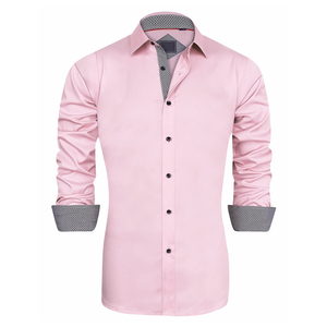 เสื้อเชิ้ตผู้ชายสีชมพูทรงเข้ารูป แขนยาว ปกคอพับ สีพื้น ผ้าป๊อปลิน สไตล์สมาร์ทแคชชวล สำหรับใส่ในฤดูใบไม้ผลิ - Product Image 1