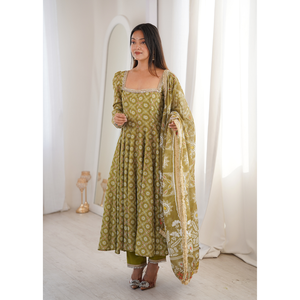 Classic Printed Maslin Anarkali Gown Set With <b>Mirror</b> Lace Organza Dupatta Straight Pant Fully Stitched Ethnic Wear( HTU 55) - Product Image 3