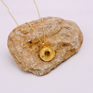 Lemon <b>Quartz</b> Faceted Cut Gemstone Coin Pendant Threader Chain <b>Necklace</b> Gold Plated Trendy Wholesale Custom Bulk Jewelry - Product Image 3
