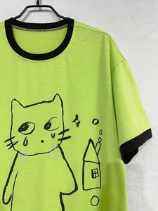 T-shirt décontracté pour femme vert lime avec imprimé chat dessiné à la main, col rond, manches courtes, coupe ample, en coton, pour le printemps et l'été - Product Image 4