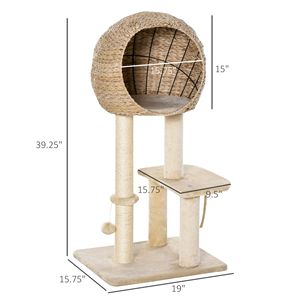 Moderno Tiragraffi per Gatti da 39 Pollici Beige, Ecologico, in Peluche e Sisal, con Corda Sospesa, Stile Classico, Motivo Solido, Sostenibile - Product Image 3