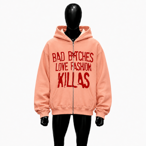 Sweat-shirt à capuche rose pêche surdimensionné avec fermeture éclair, imprimé graphique rouge, streetwear unisexe, fermeture éclair intégrale, pour hommes et femmes - Product Image 1