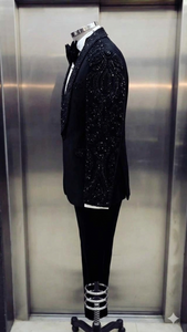 Costume de smoking noir à sequins pour homme avec nœud papillon, style britannique, tenue de cérémonie, simple boutonnage, col cranté - Product Image 3