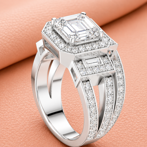 Anillo de compromiso con halo de diamantes de corte esmeralda cultivados en laboratorio, certificados por IGI, con diseño de tallo dividido, joyería nupcial, chapado en rodio sobre oro blanco. - Product Image 2