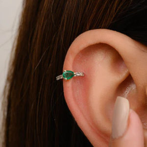18K Gold Modern Emerald Diamond Helix Cuff <b>Earrings</b>-Fine <b>Piercing</b> Jewelry - Product Image 1
