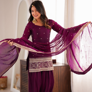 <b>Women</b> Heavy Fendy Silk <b>Kurta</b> Dupatta Farshi Shalwar Suit Set Embroidery Sequence Jari Work Party Wedding Wear Wine Color - Product Image 1