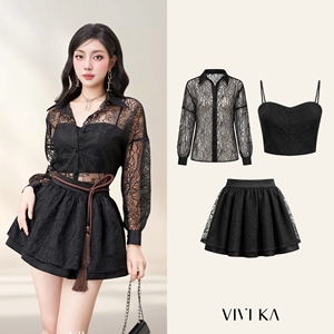 Ensemble 3 pièces en dentelle noire pour femme, chemisier transparent, soutien-gorge, mini-jupe, style club sexy, tenue printemps-été CHERISH - Product Image 1