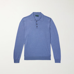 เสื้อโปโลแขนยาวผู้ชาย ทรงเข้ารูป สีน้ำเงิน ผ้าฝ้าย สวมใส่สบาย เหมาะสำหรับธุรกิจและลำลอง คอปกและปลายแขนเสื้อแบบริบ ผ้าถักเนื้อนุ่มอย่างดี - Product Image 2
