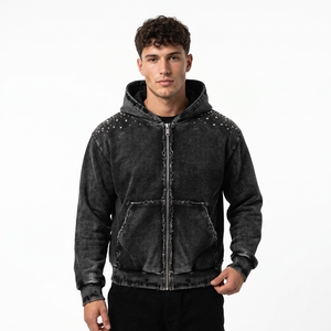 Livraison sans taxes aux États-Unis, sweat-shirt à capuche zippé personnalisé avec strass, style vintage streetwear pour homme, coupe ample, pour l'automne - Product Image 4