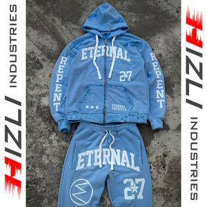 Ensemble jogging et sweat à capuche oversize en molleton bouclette uni avec fermeture éclair, qualité supérieure, style streetwear déchiré pour homme - Product Image 2